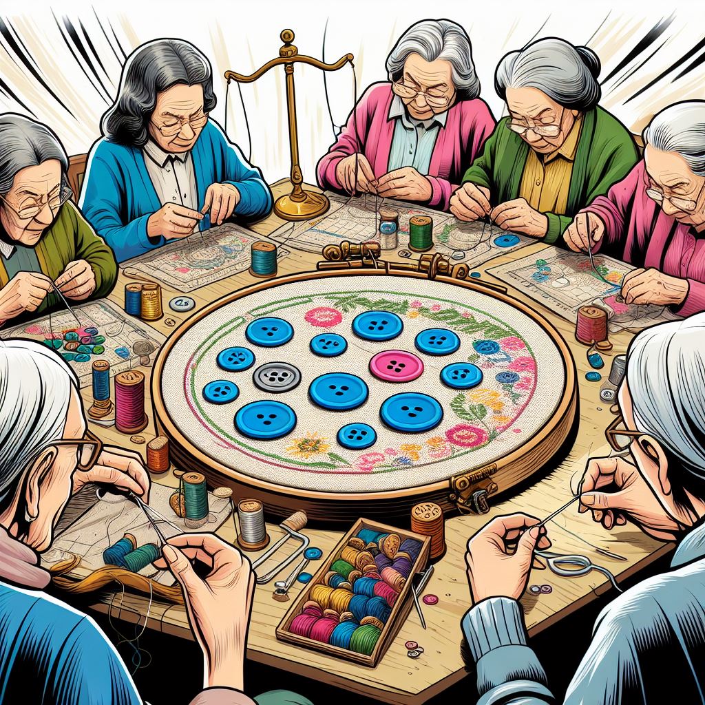 Mujeres mayores en una reunion de costura con los botones al centro de la mesa en estilo de comic