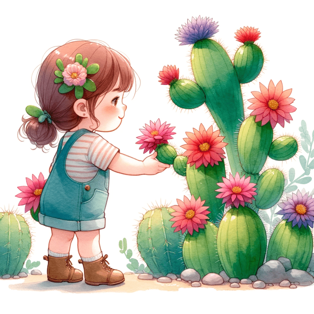 Niña pequeña intentando tomar una flor de un cactus. Representando el contexto del juego de cartas Ouch!