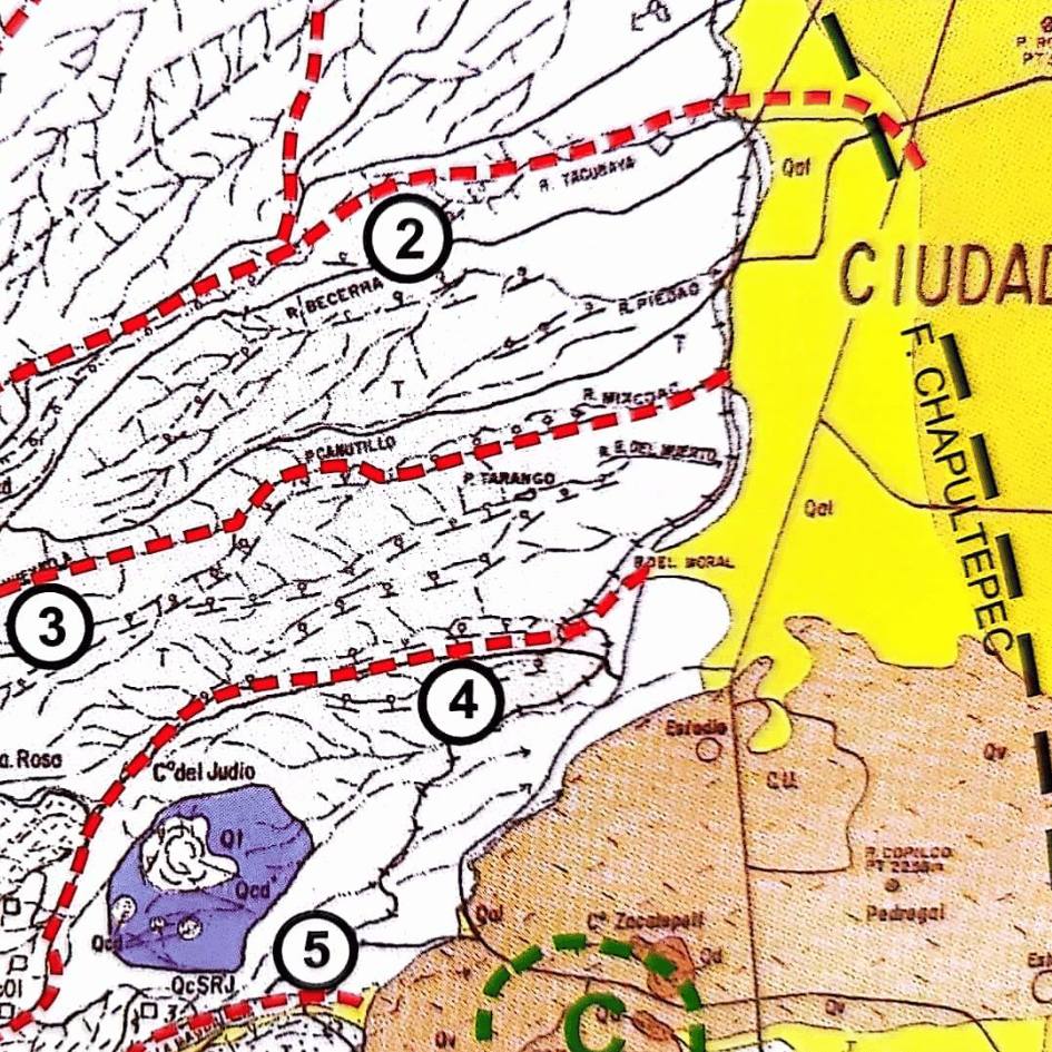 zooma mapa de la Ciudad de Mexico y los Colapsos del Cerro San Miguel en la zona de Mixcoac