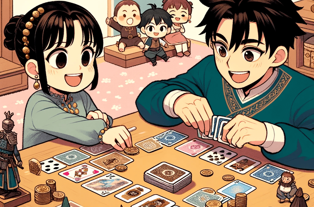 Pareja con hijos jugando juegos de mesa en estilo chibi manga