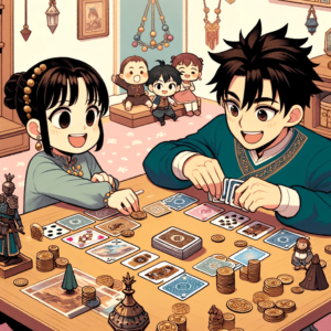 Pareja con hijos jugando juegos de mesa en estilo chibi manga