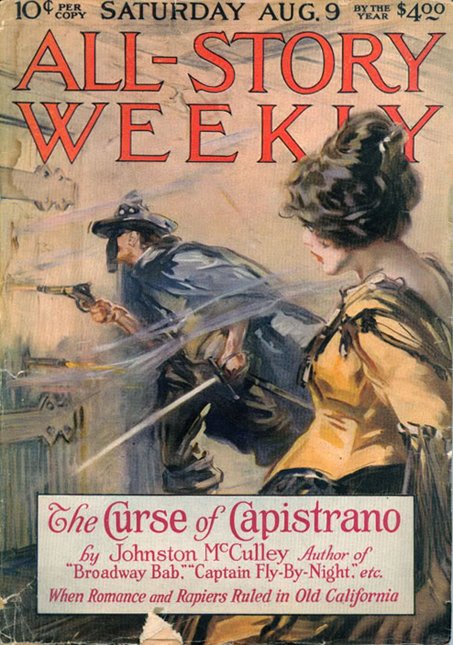 Pulp magazine cover: All-Story Weekly, a masked gunslinger fires left while a woman in a yellow dress watches; title 'The Curse of Capistrano'.
