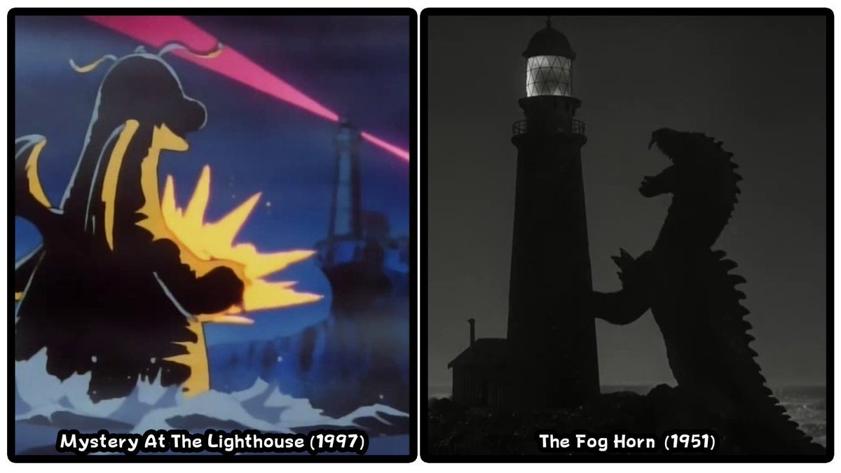 Split image: left panel shows a monster firing a glowing blast near a lighthouse; caption Mystery At The Lighthouse (1997).