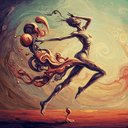 Surreal painting of a tall, slender dancer with flowing hair leaping above a red sunset sea, a small snail watching from the shore.