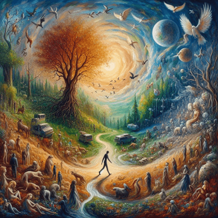 Surreal scene of a lone figure walking a glowing, winding path through time between day and night, with trees, animals, and birds surrounding.