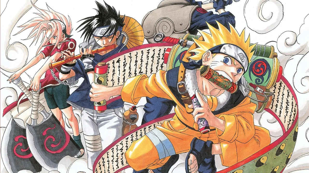 Naruto in an orange outfit leads a dynamic group, riding a large scroll strapped to his back amid action-filled scenery with teammates wielding weapons in the background.