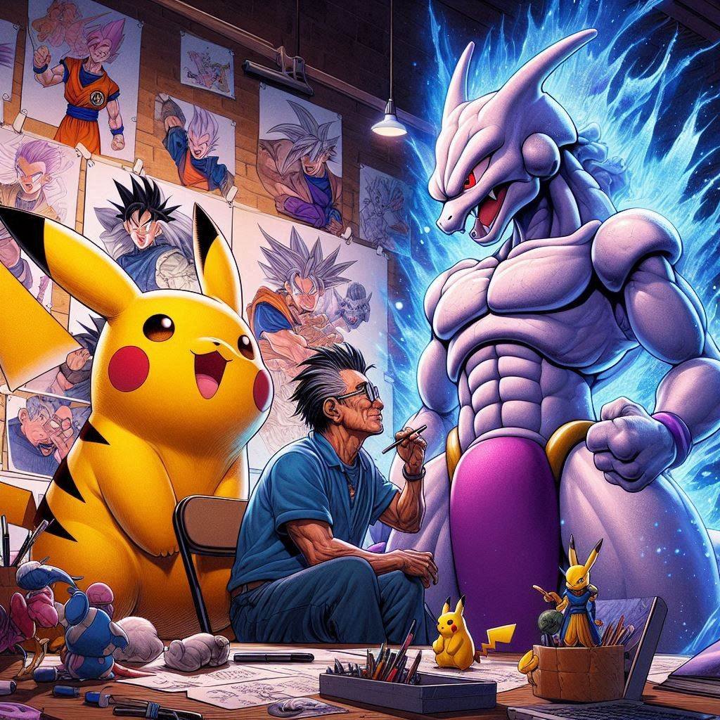 A cartoon artist sketches at a cluttered studio while a giant armored dragon-like figure looms in blue flames beside him, with a Pikachu statue and small figures nearby.