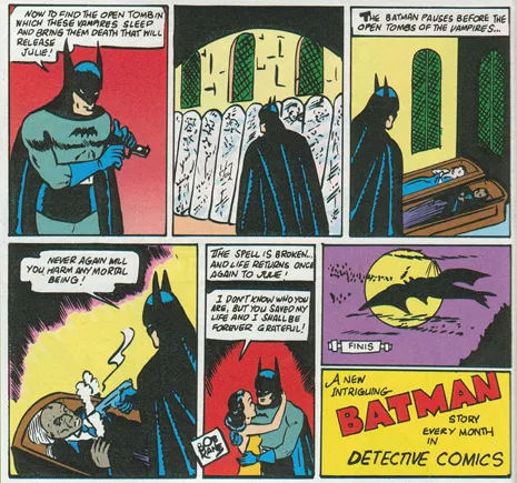 Six-panel Batman comic strip: Batman stands in a crypt, planning to locate a tomb where vampires sleep, then approaches opened coffins as the scene shifts to a spell being broken and a woman named Julie mentioned.