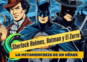 Comic-style poster of Sherlock Holmes, Batman and El Zorro with yellow banners and the title 'La metamorfosis de un héroe'.