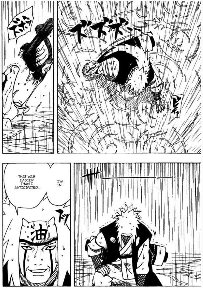 Manga page with a hand firing a gun amid rain lines, another character lunges into a swirling blast field in the next panel, then a speech bubble and a close-up of a masked ninja saying lines, followed by a kneeling warrior in rain.
