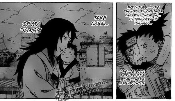 Panel 1: A woman with long dark hair cradles a baby on a rooftop, whispering, "Take care of my 'king'." Panel 2: Two injured men speak; one has bandages and a scar. They discuss that the "kings" are unborn children who will grow up to take care of the leaf, and mention that one is still in the womb.