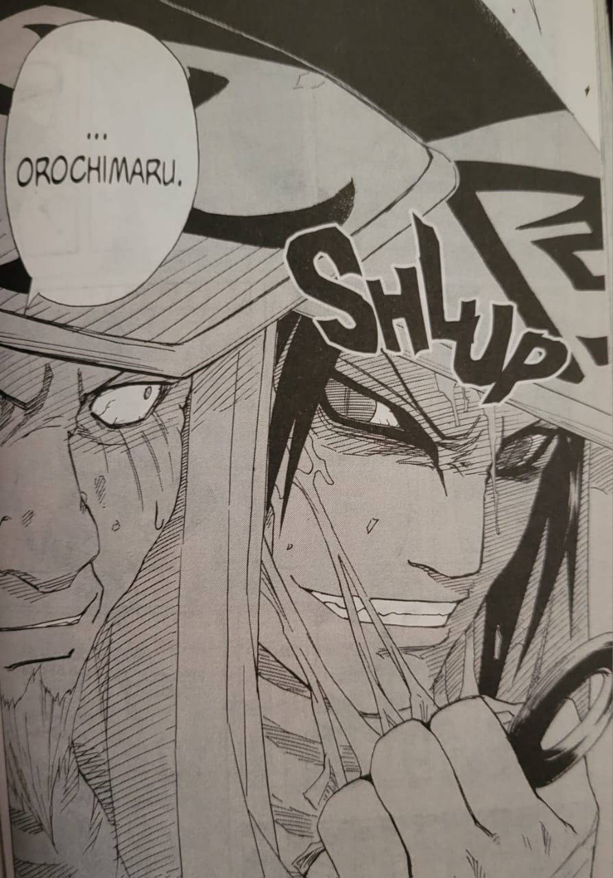 Close-up of a manga character with long hair and a sly grin in a panel, holding scissors near his face.