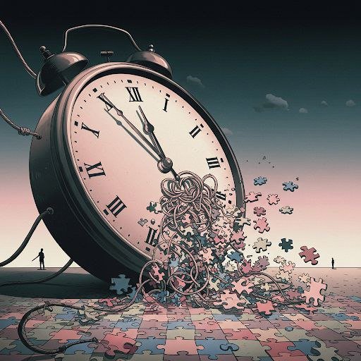 Oversized vintage alarm clock toppled, tangled gears spilling into colorful puzzle pieces on a tiled ground.