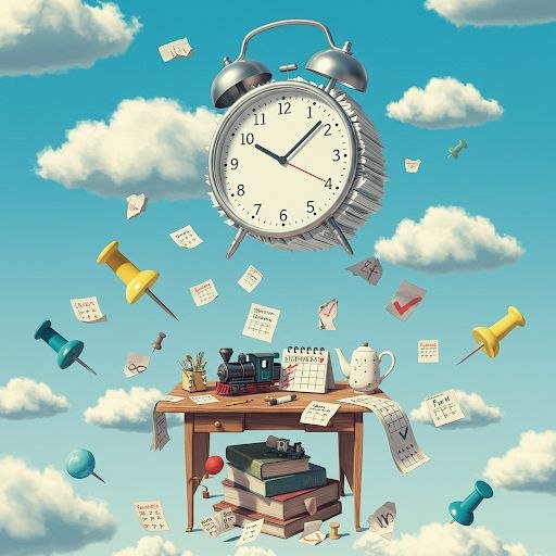 Whimsical scene of a large alarm clock floating above a cluttered desk, with papers, pins, and a stack of books scattered around, suggesting time pressure and deadlines.