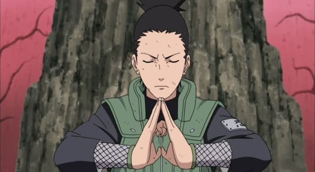 Shikamaru Nara meditating with hands pressed together in a triangle and eyes closed, wearing a green padded vest.