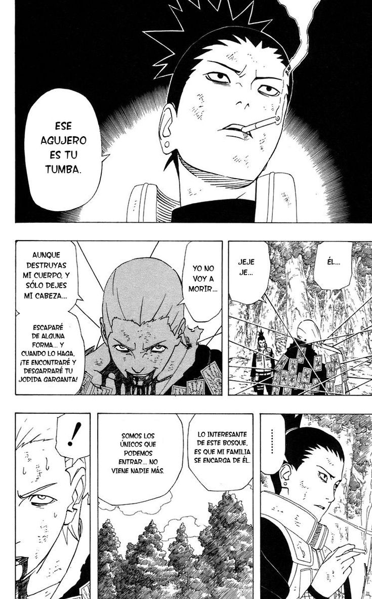 Manga panel: un hombre con cigarrillo afirma 'Ese agujero es tu tumba' mientras otros miran tensos en un paisaje rocoso.