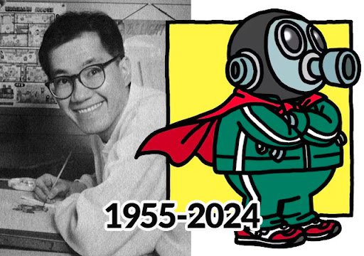 Tribute banner with a black-and-white photo of a smiling man at a drawing desk beside a colorful cartoon hero; years 1955–2024.