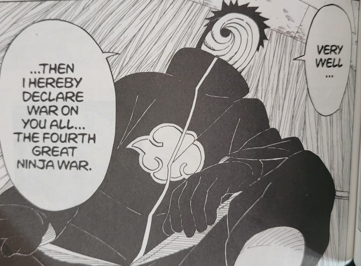 A cloaked ninja with a cloud emblem kneels, declaring the Fourth Great Ninja War; speech bubbles convey the vow to fight all opponents.
