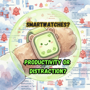 imgdstgibran 18 1 | Gibran Rivas: Tecnología, Creatividad y Pasión Digital Cartoon green smartwatch on a fluffy paw inside a bubble, with the question 'Smartwatches? Productivity or distraction?' over a code-background collage.