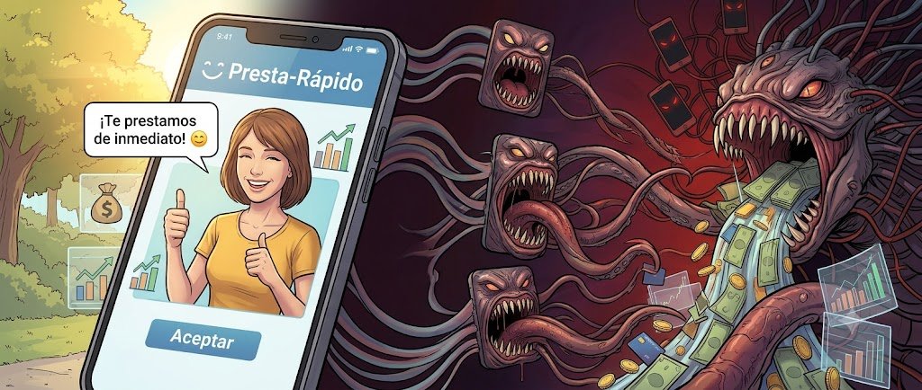 Smartphone screen showing a fast-loan app with a smiling woman and a thumbs-up, while money-hungry monsters reach for cash and cards in the background.
